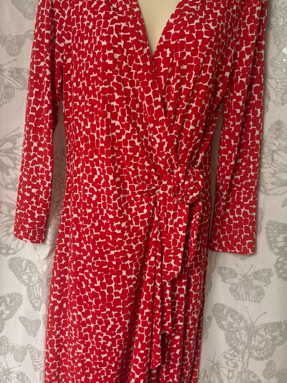 BCBGMaxAzria Red and White Printed Wrap Dress